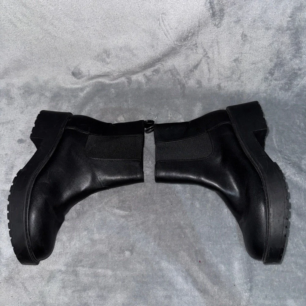 American Eagle Women Chelsea Platform Ankle Boots 9 Black Faux Leather Lug Sole